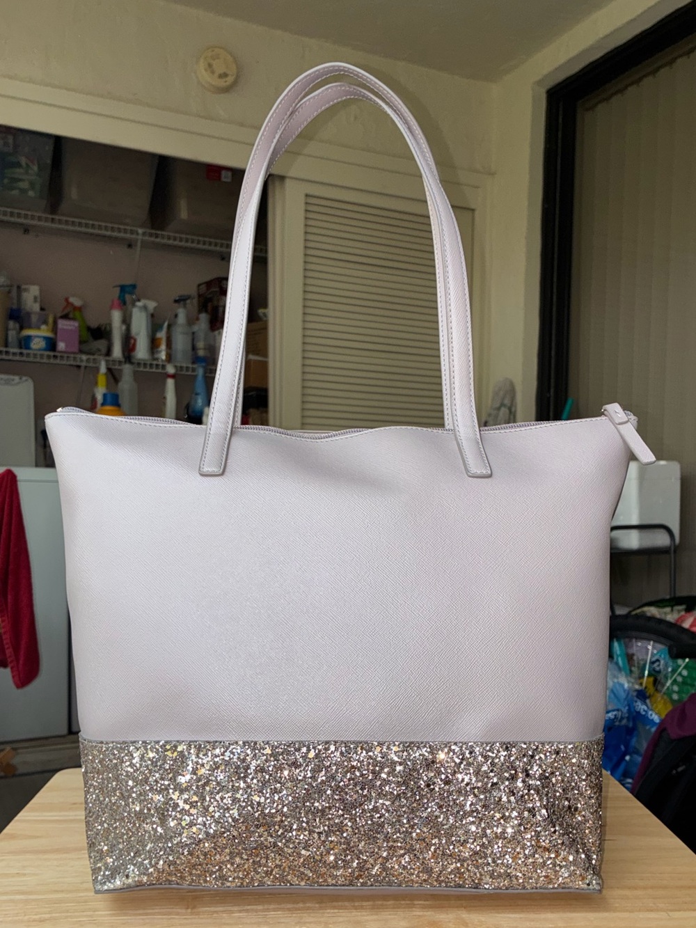 Kate Spade New York Flash Glitter Tote Bag in Cool Grey Lilac Saffiano Leather - Picture 4 of 16